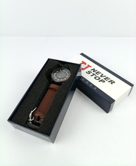 never stop hidden brown leather strap mens watch 3.jpg