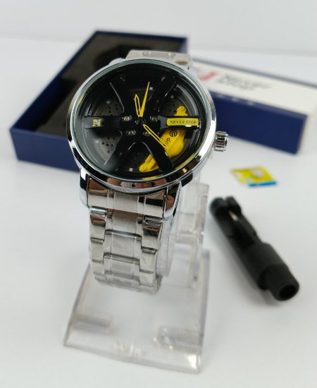 never stop silver yellow wheel mens watch 1.jpg