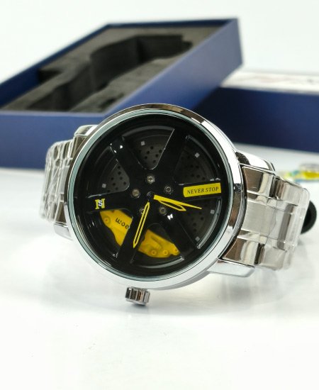 never stop silver yellow wheel mens watch 5.jpg