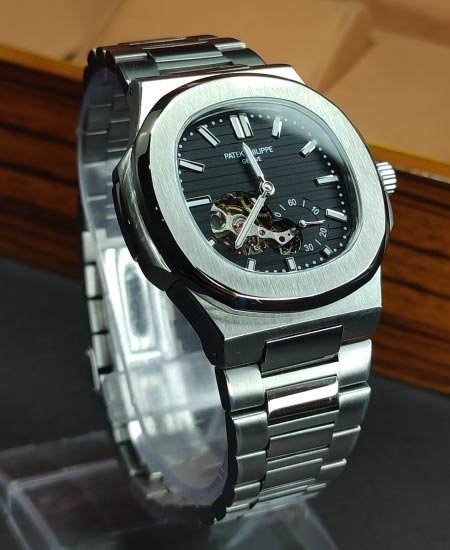 patk phlipe nautilus silver skeleton black dail watch 1.jpg