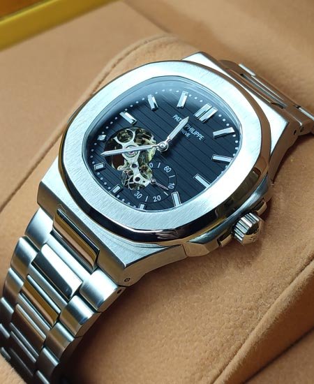 patk phlipe nautilus silver skeleton black dail watch 3.jpg